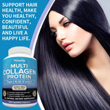 Multicollagen protein supplement with a model featuring long black hair on a blue background