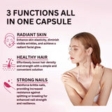 Advertisement for a capsule with three functions: radiant skin, healthy hair, and strong nails, featuring a woman with smooth skin.