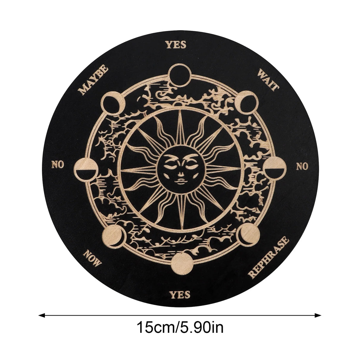 Black circular sticker with astrological design and text on a white background