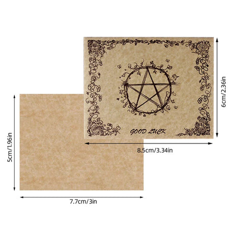 Kraft paper card with pentagram design and 'good luck' text, shown with measurements.