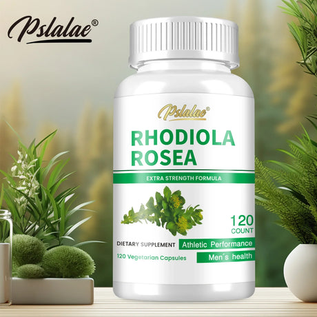 Bottle of Pslalae Rhodiola Rosea supplement with plants in the background