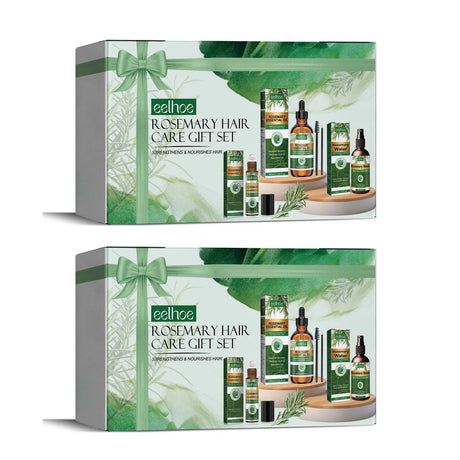 Rosemary hair care gift set packaging with green leaves and bottles on a white background