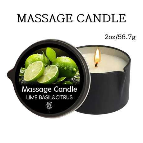 Massage candle with lime basil & citrus scent on a white background