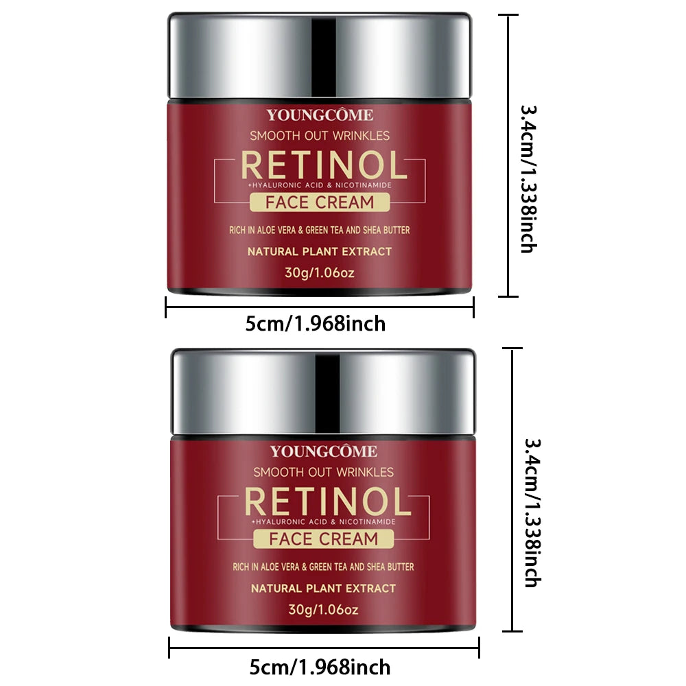 Two containers of Youngcome Retinol Face Cream with dimensions indicated.
