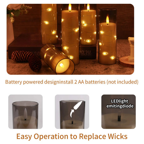 Battery-powered LED candles with instructions on replacing wicks.