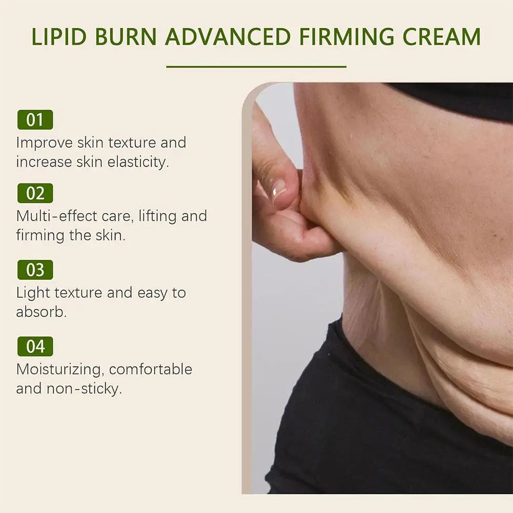Lipid Burn Advanced Firming Cream advertisement with text and close-up of skin.
