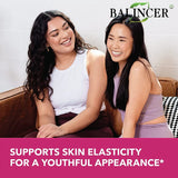 Two women sitting on a couch with Balincer branding and text about skin elasticity.