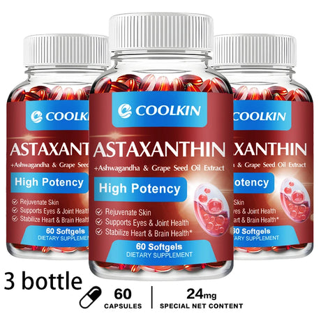 Three bottles of Coolkin Astaxanthin dietary supplements on a white background