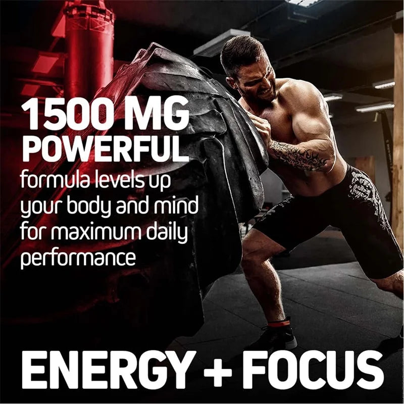 Muscular man lifting weights with promotional text about a powerful formula for energy and focus.