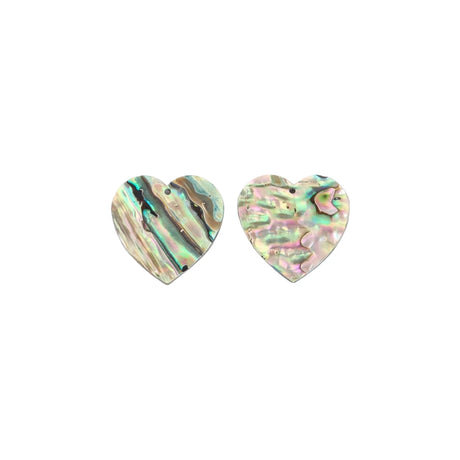 Heart-shaped abalone shell earrings on a white background