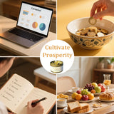 Collage of images including a laptop, coins in a bowl, a candle, a notebook, and a table with food.