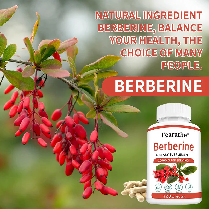 Berberine 2000mg Capsules supplement for cardiovascular support, with botanical Berberis plant imagery.