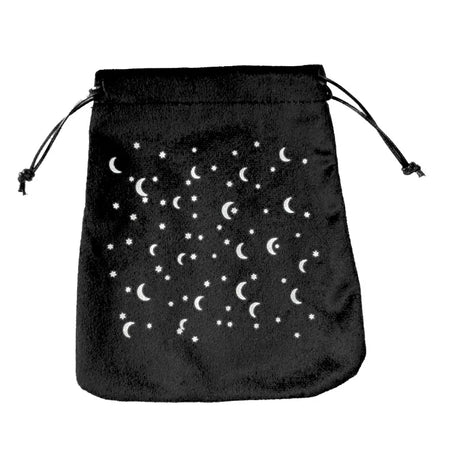 Black drawstring bag with white moon and star pattern on a white background