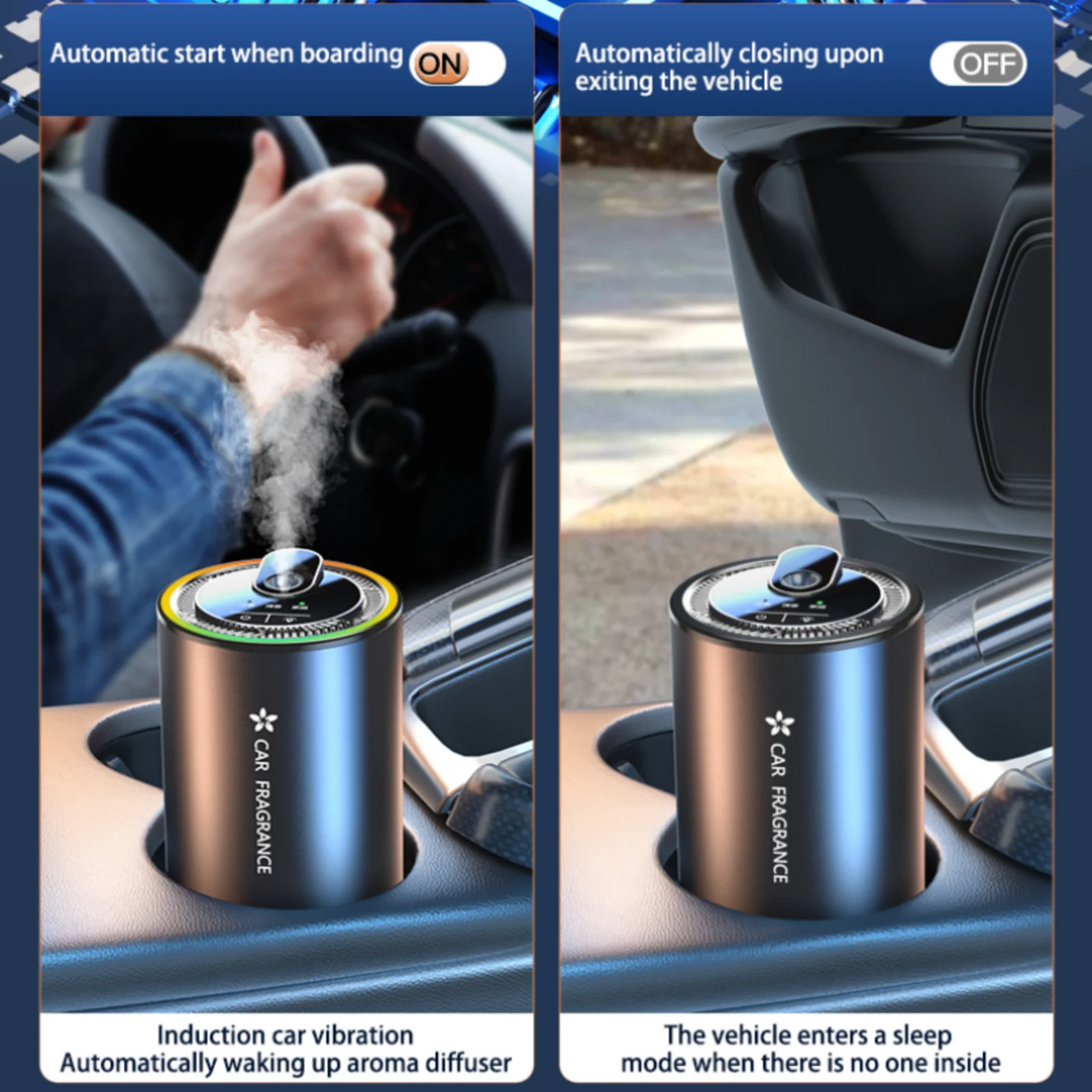 Car fragrance diffuser with features highlighted on a blue background
