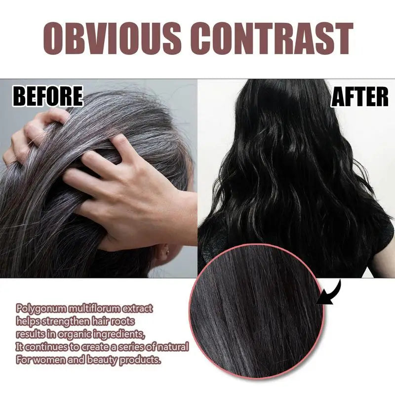 Before and after comparison of hair color treatment with a close-up of dark hair.