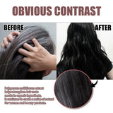 Before and after comparison of hair color treatment with a close-up of dark hair.