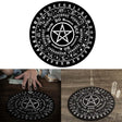 Black circular design with star symbol and text on a white background, shown in different settings.