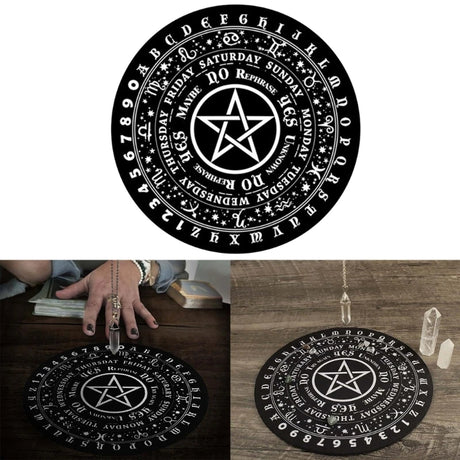 Black circular design with star symbol and text on a white background, shown in different settings.