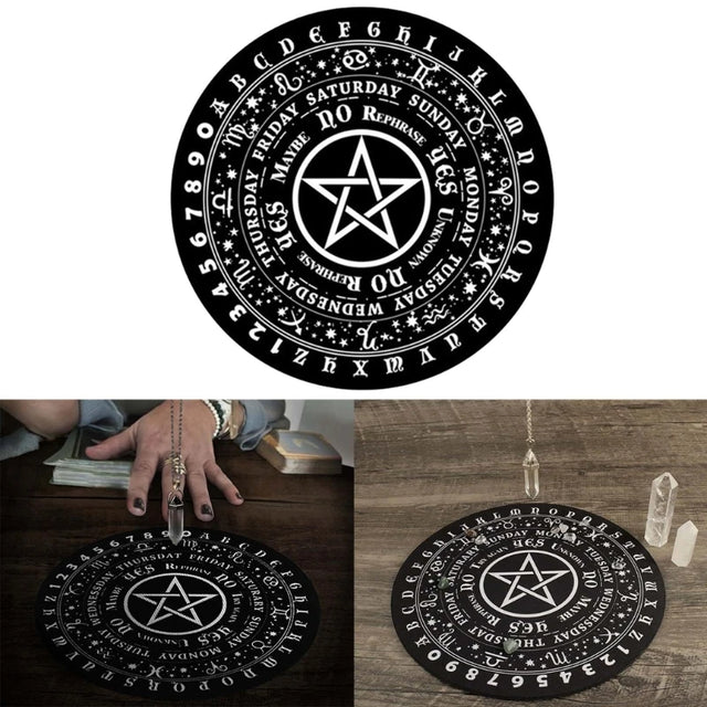 Black circular design with star symbol and text on a white background, shown in different settings.