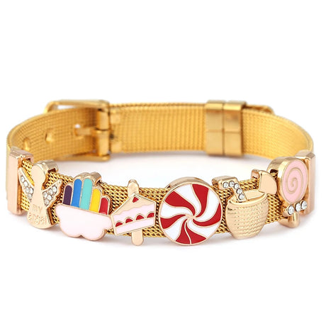 Gold mesh bracelet with colorful charms on a white background
