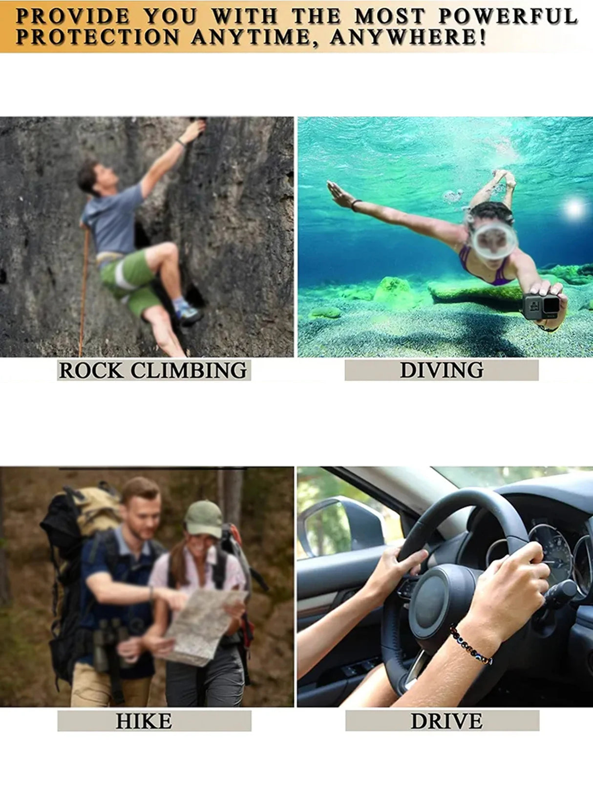 Collage of scenarios with text 'Provide you with the most powerful protection anytime, anywhere!' including rock climbing, diving, hiking, and driving.