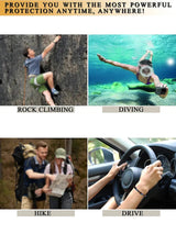 Collage of scenarios with text 'Provide you with the most powerful protection anytime, anywhere!' including rock climbing, diving, hiking, and driving.