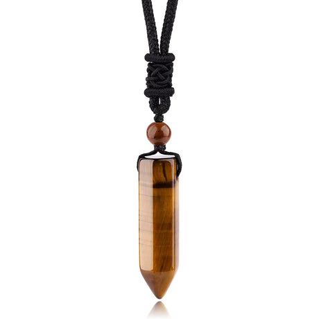 Tiger eye crystal pendant on a black cord against a white background