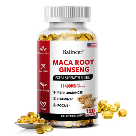 Supplement bottle labeled 'Maca Root Ginseng' by Balincer with capsules on a white background