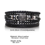 Black leather and alloy bracelet with adjustable girth on a white background