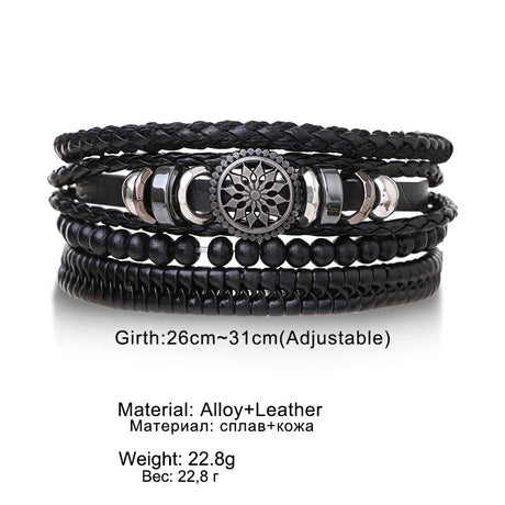Black leather and alloy bracelet with adjustable girth on a white background