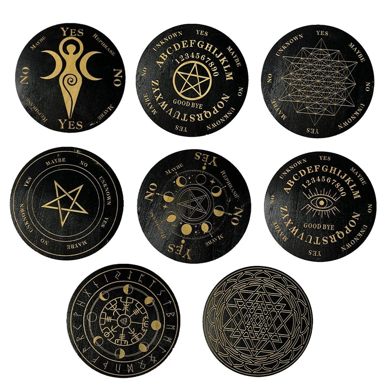Set of black and gold circular designs with various symbols on a white background