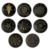 Set of black and gold circular designs with various symbols on a white background