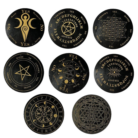 Set of black and gold circular designs with various symbols on a white background
