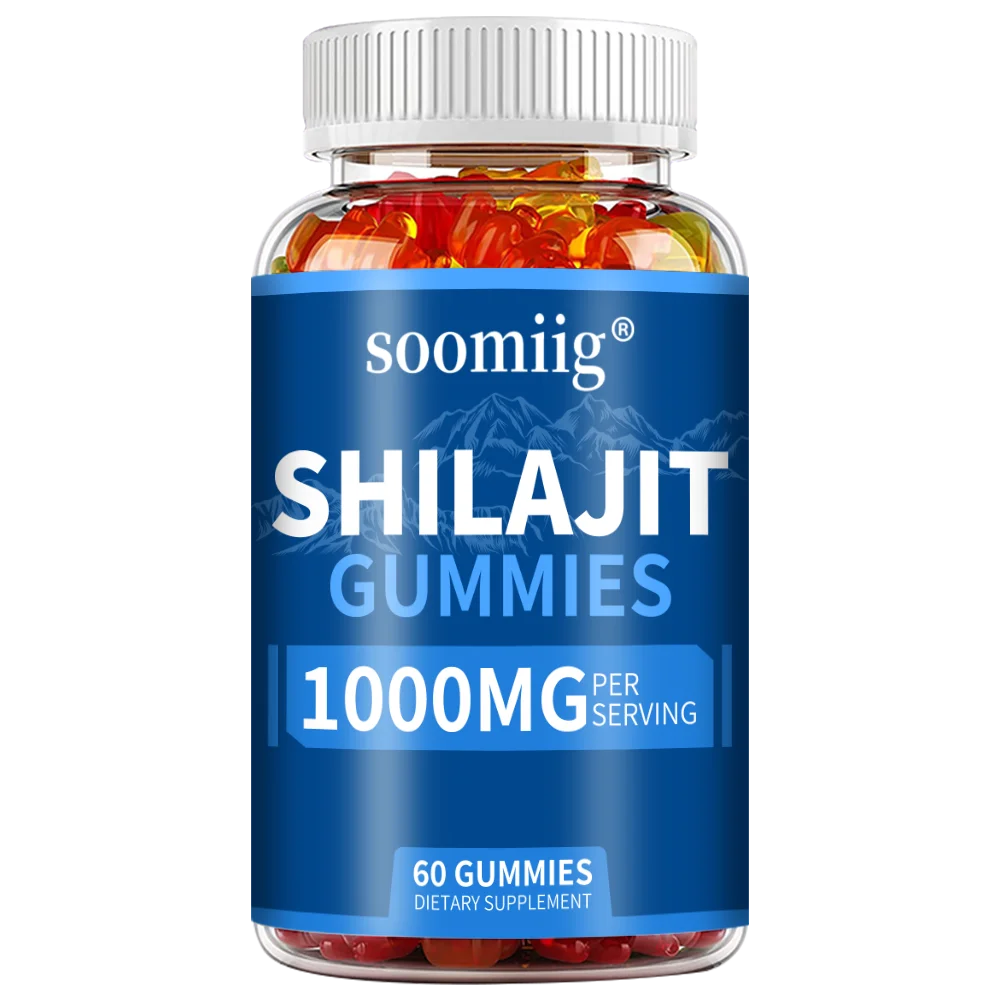 Bottle of soomiig Shilajit Gummies with blue label on a white background