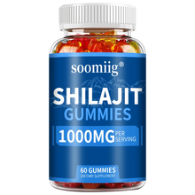 Bottle of soomiig Shilajit Gummies with blue label on a white background