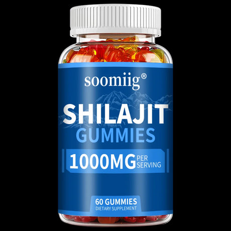 Bottle of soomiig Shilajit Gummies with blue label on a white background