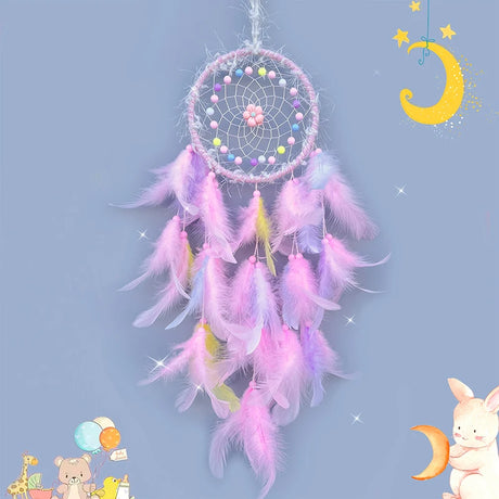 Decorative dreamcatcher with pink feathers on a blue background with cartoon elements.