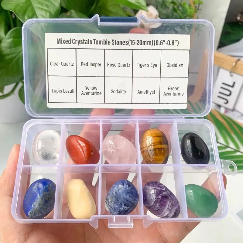 Clear container with mixed crystals and a label on a blurred background