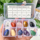 Clear container with mixed crystals and a label on a blurred background