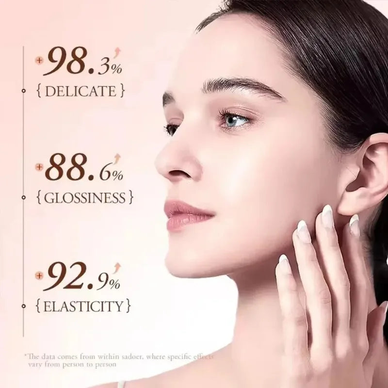 Woman touching her face with skincare statistics on a pink background