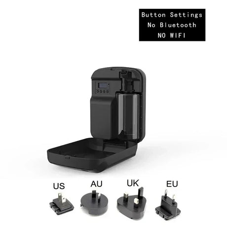 Black electronic device with charging stand and plug adapters on a white background