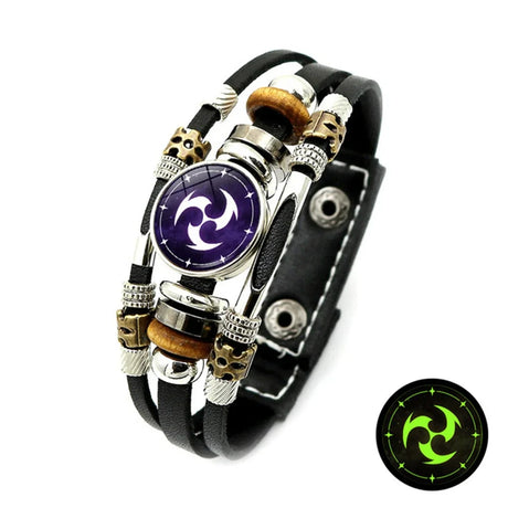 Multistrand bracelet with purple circular emblem and black leather strap on a white background