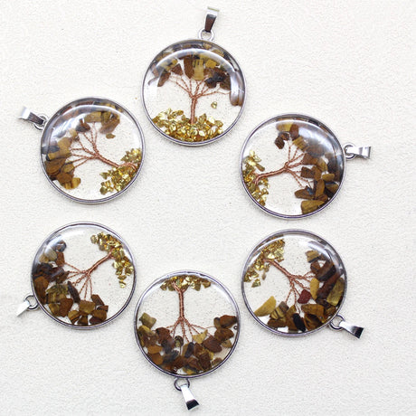 Six round pendants with embedded tree branches and leaves on a white background