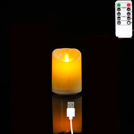 Flickering candle with USB connection and remote control on a black background