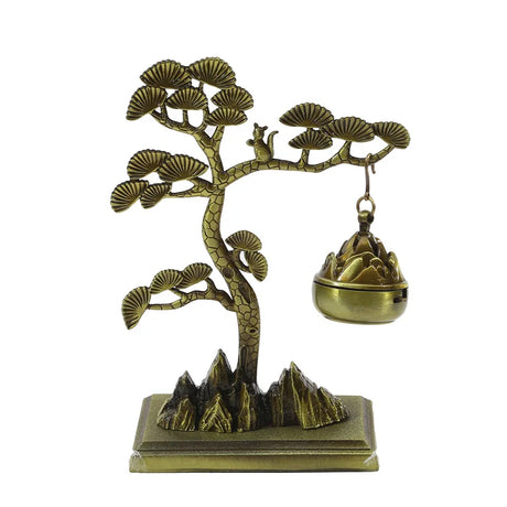 Bronze tree sculpture with a bird and incense burner on a white background