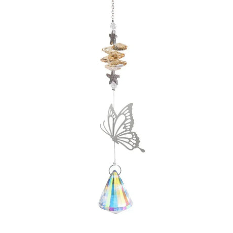 Decorative hanging ornament with butterfly design and colorful prism on a white background
