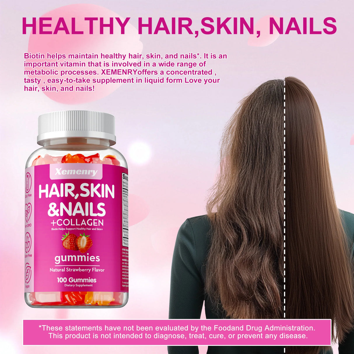Supplement bottle labeled 'Hair, Skin & Nails' with a woman showing before and after hair length on a pink background.