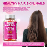Supplement bottle labeled 'Hair, Skin & Nails' with a woman showing before and after hair length on a pink background.