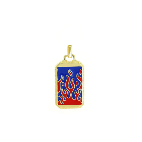 Gold pendant with blue and red flame design on a white background