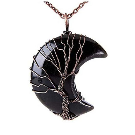 Black crescent moon pendant with copper wire wrapping on a white background